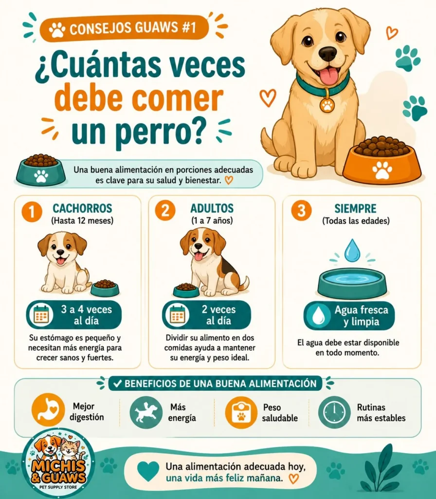 Cuántas veces debe comer un perro: guía visual de alimentación para cachorros, perros adultos y senior con recomendaciones de hidratación.